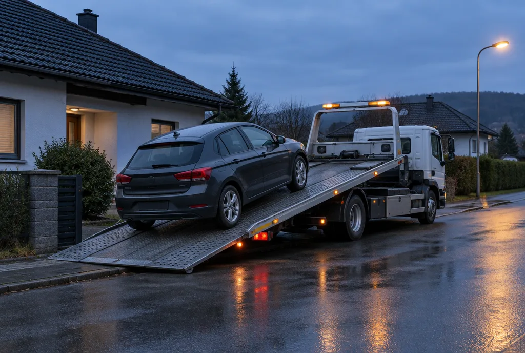 Ein Fahrzeug wird in einer Einfahrt auf einen Abschleppwagen mit Schiebeplateau geladen, blaue Stunde