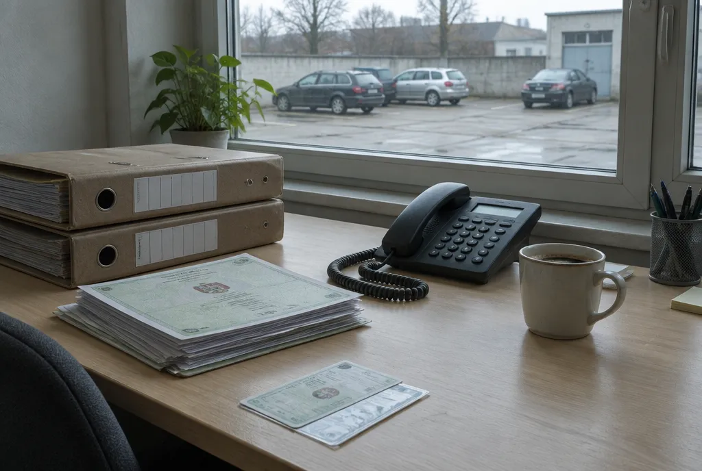 Schreibtisch mit Typenscheinen, Ordnern und Festnetztelefon, dahinter das Fenster zum Platz