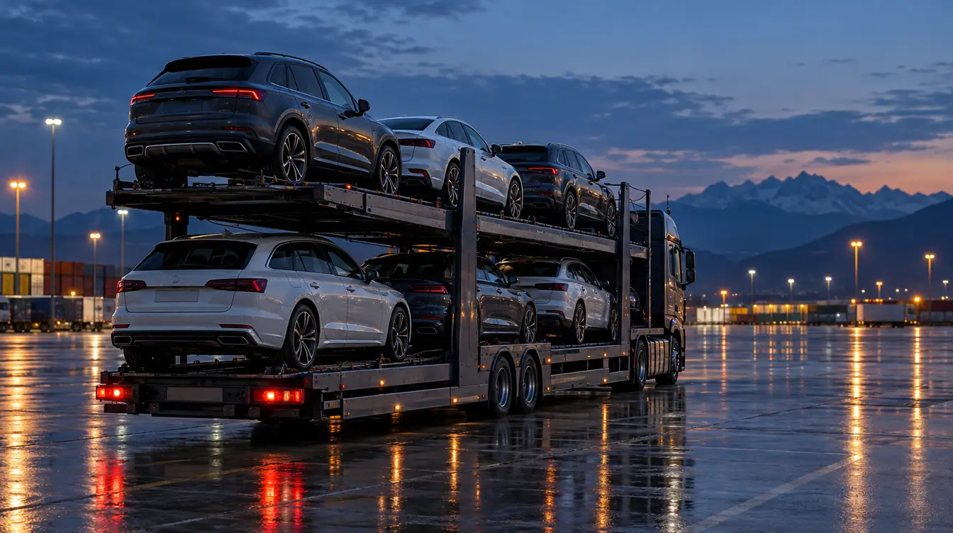 Beladener Autotransporter mit mehreren Fahrzeugen auf einem Logistikgelände in der Dämmerung