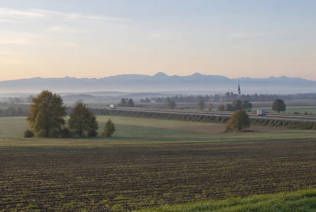 Felder und die Westautobahn zwischen Linz und Wels im Morgendunst, dahinter die Voralpen