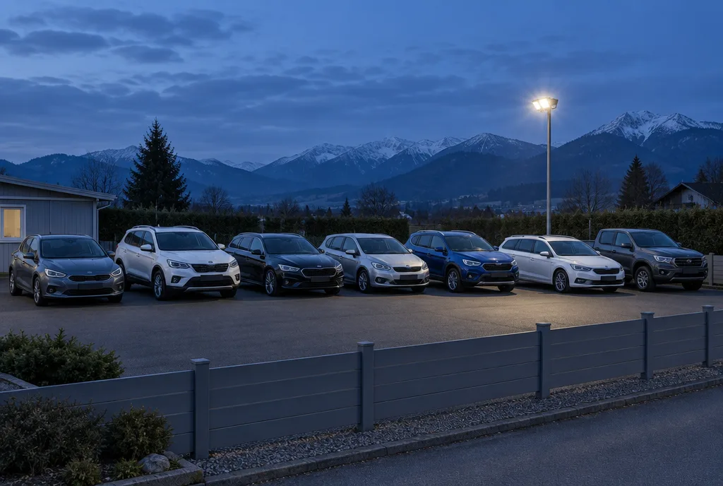 Angekaufte Fahrzeuge stehen in der blauen Stunde in einer Reihe auf dem Platz, dahinter die Voralpen