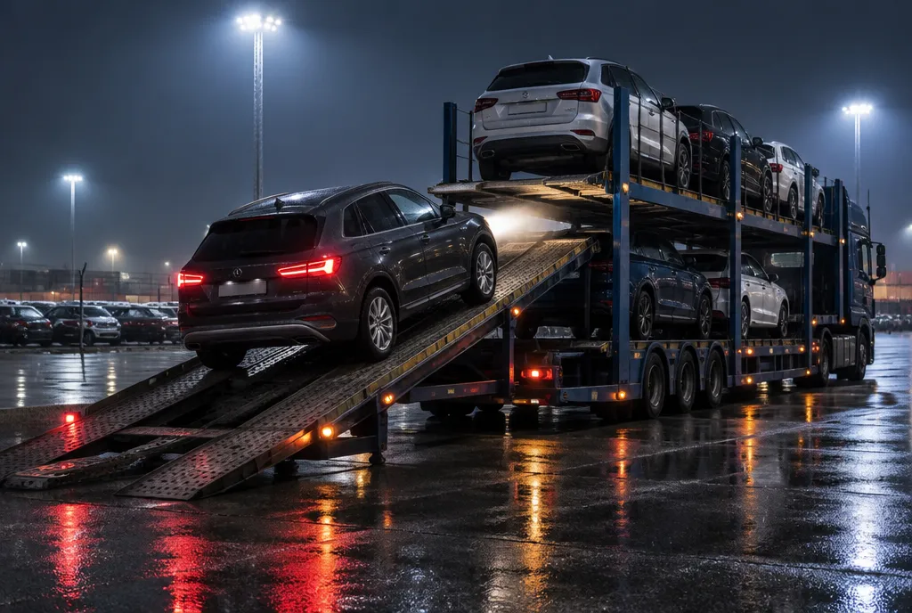 Ein Fahrzeug fährt bei Nacht über die Rampe auf das obere Deck eines Autotransporters