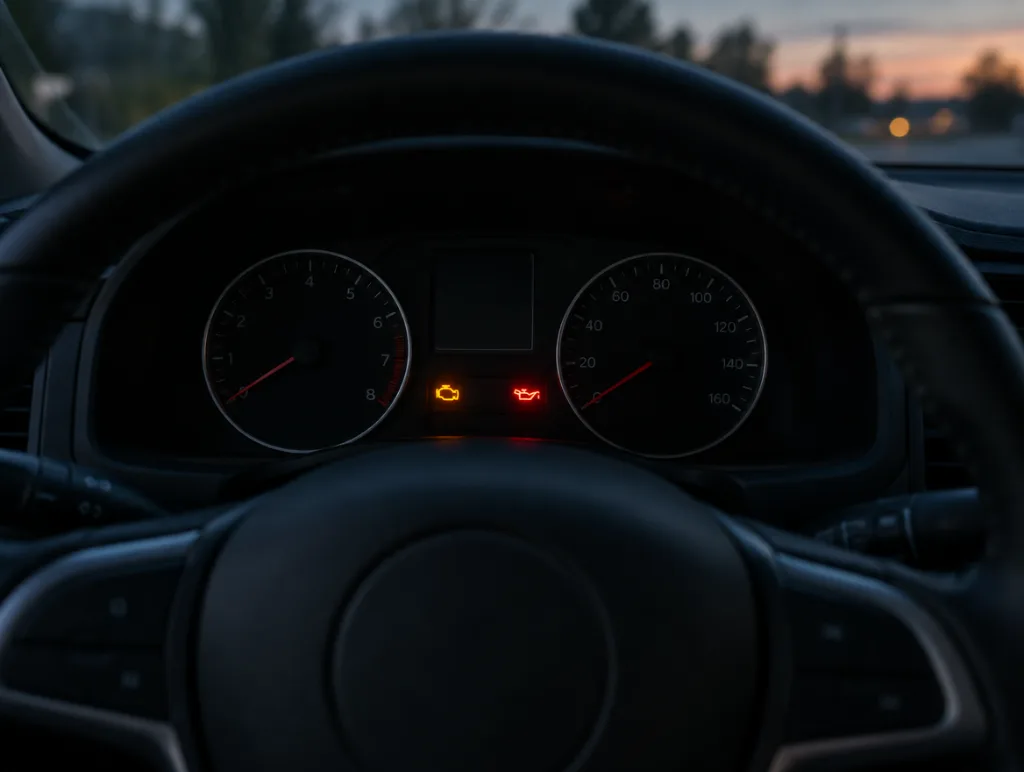 Blick durch das Lenkrad auf das Kombiinstrument, Motorkontrollleuchte und Öldruckwarnung leuchten